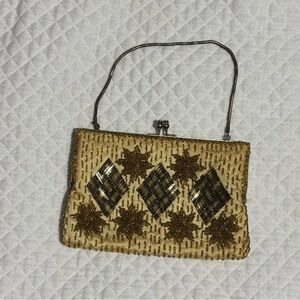 Vintage Handmade Elegant Gold and Brown Beaded Chain Wristlet Kiss Lock Closure